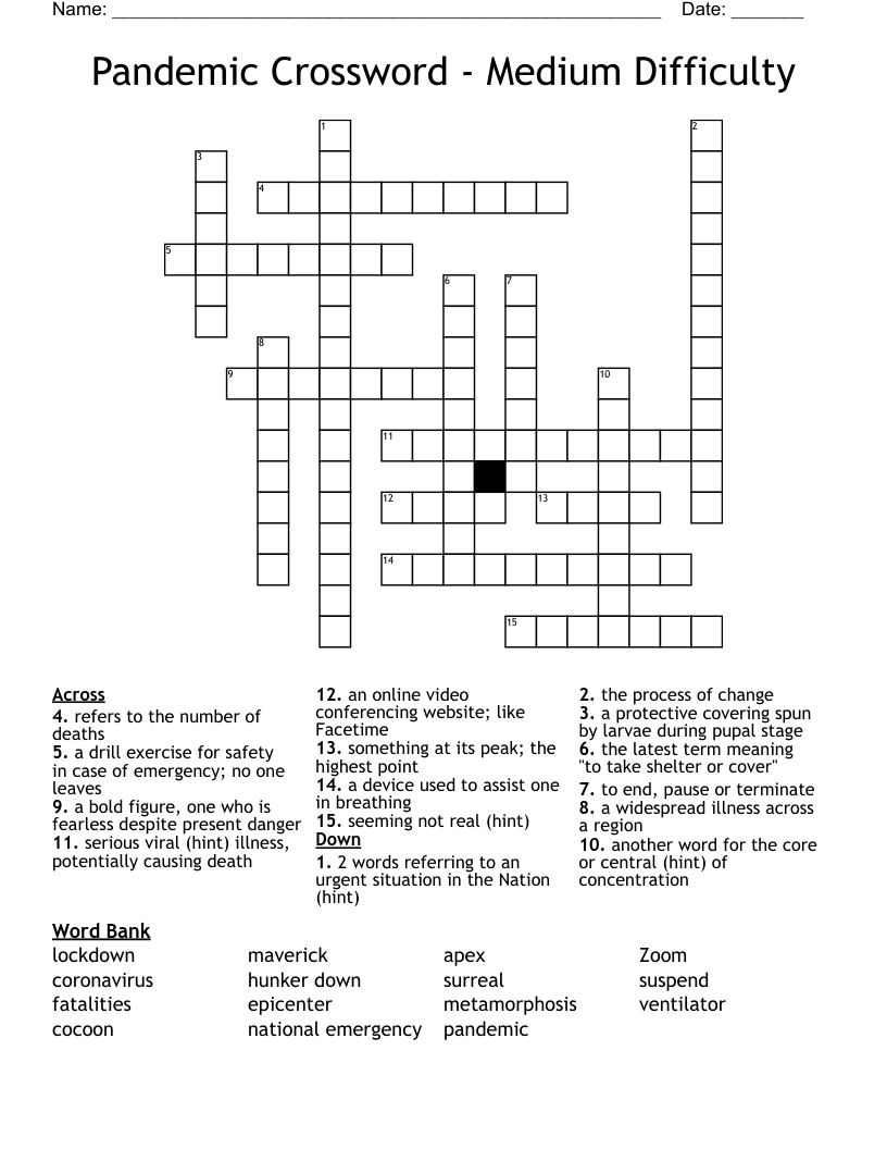 Pandemic Crossword - Medium Difficulty