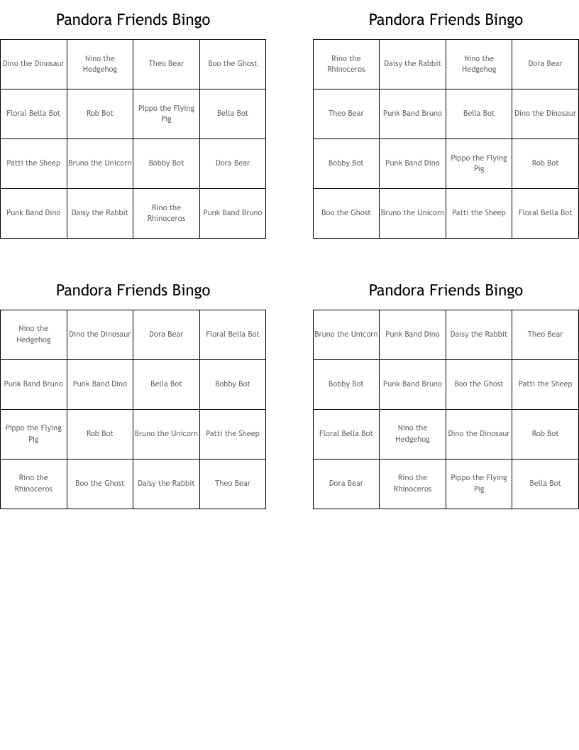 Pandora Friends Bingo