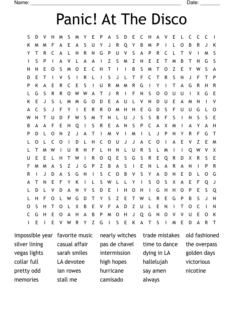 Panic! At The Disco Word Search