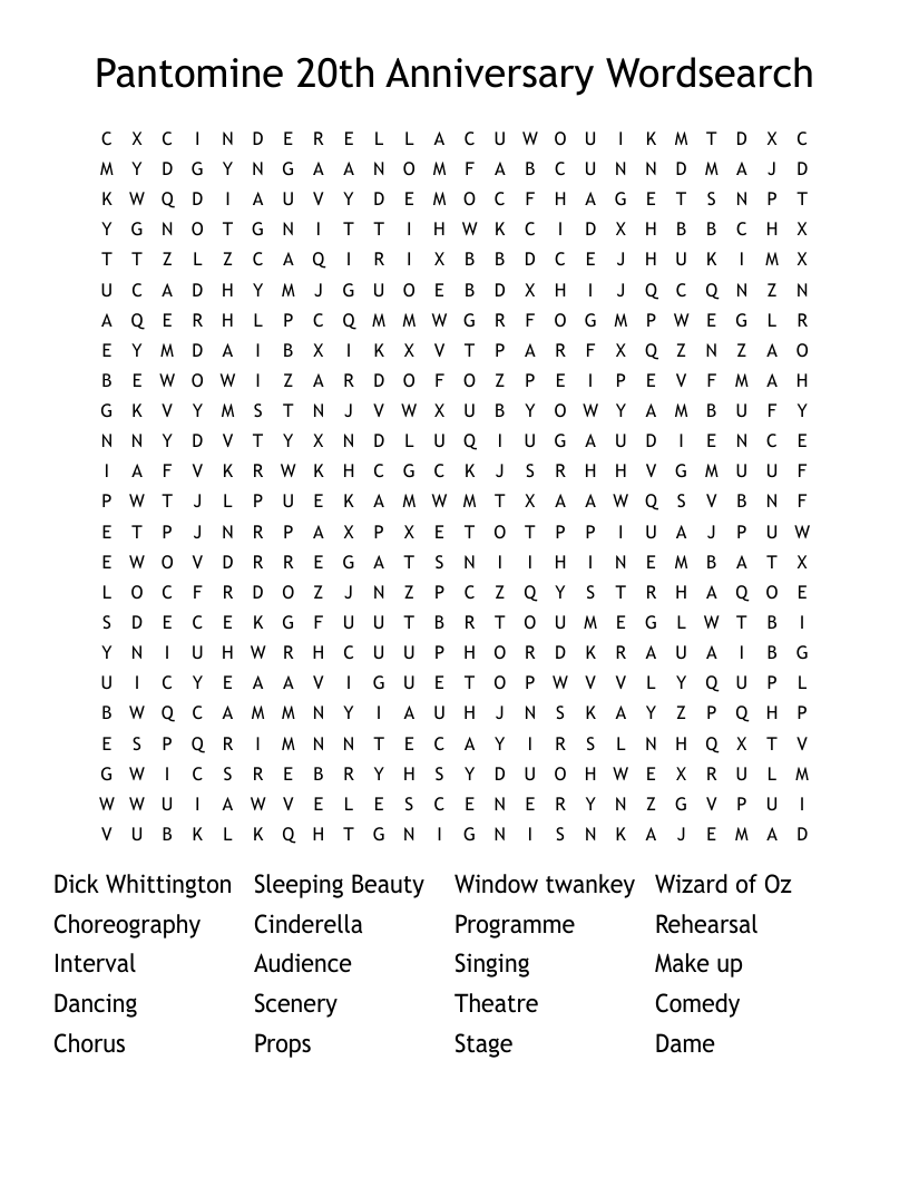Pantomine 20th Anniversary Wordsearch