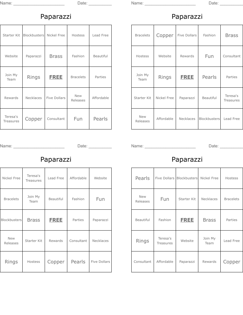 Paparazzi Bingo Cards