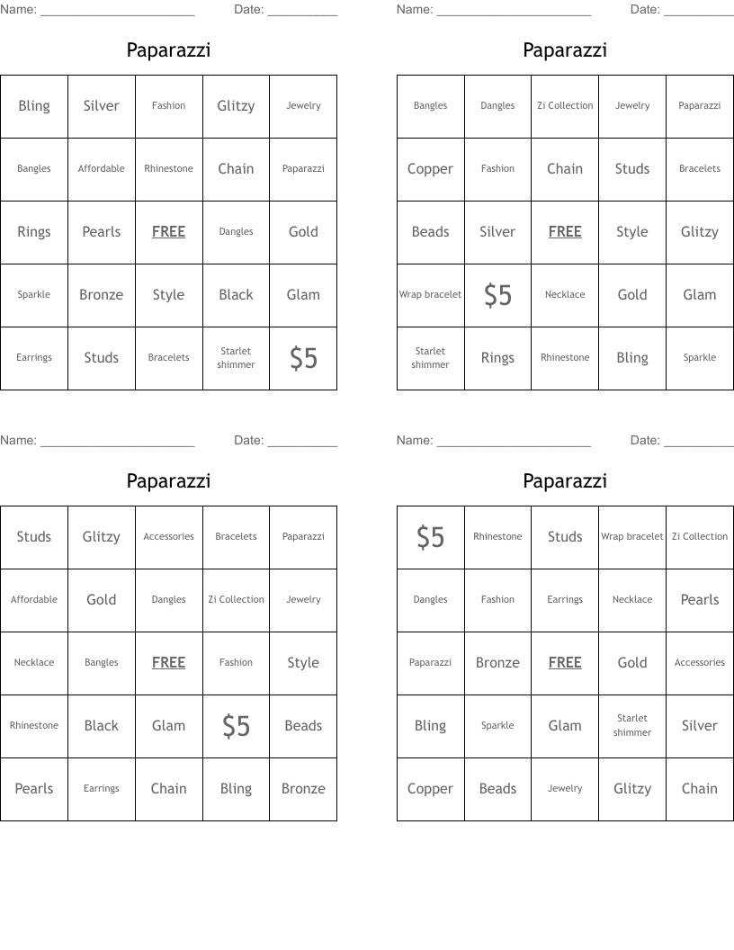 Paparazzi Bingo Cards