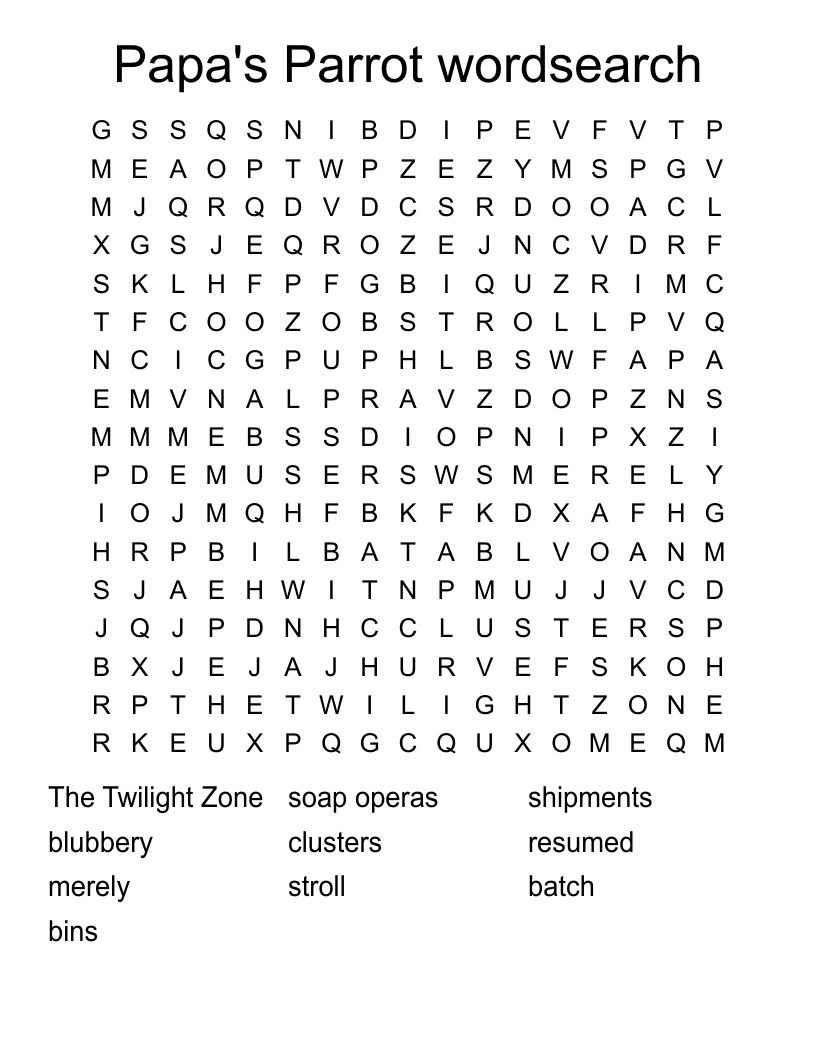 Papa's Parrot wordsearch 
