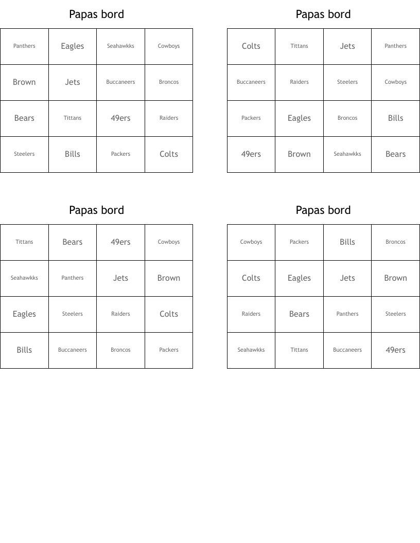 Papas bord Bingo Cards