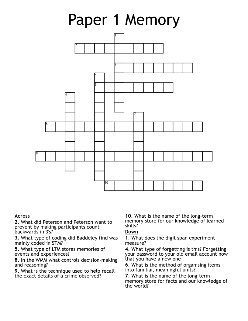 Paper 1 Memory Crossword