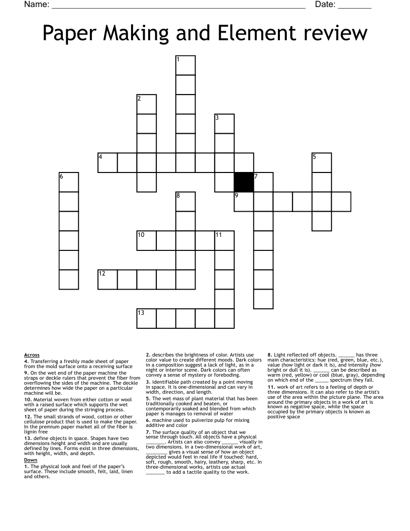 Paper Making and Element review Crossword