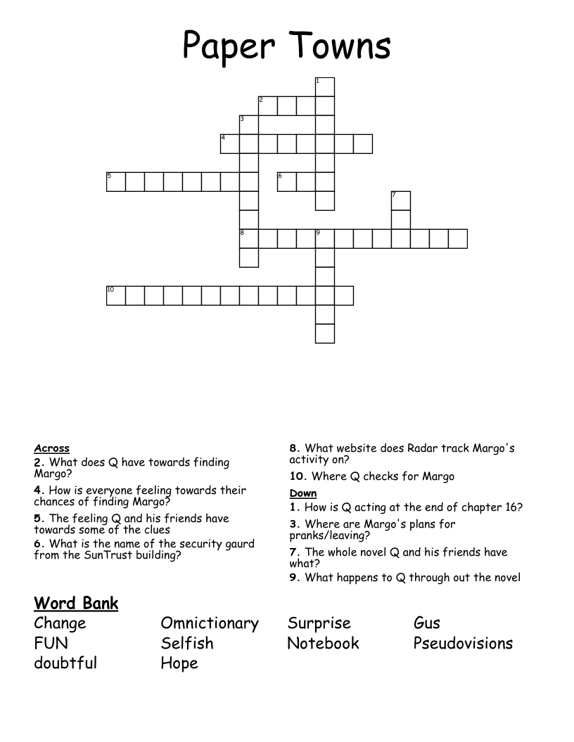 Paper Towns Crossword