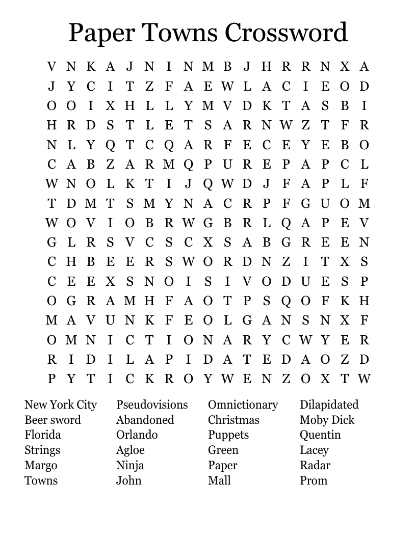 Paper Towns Crossword Word Search
