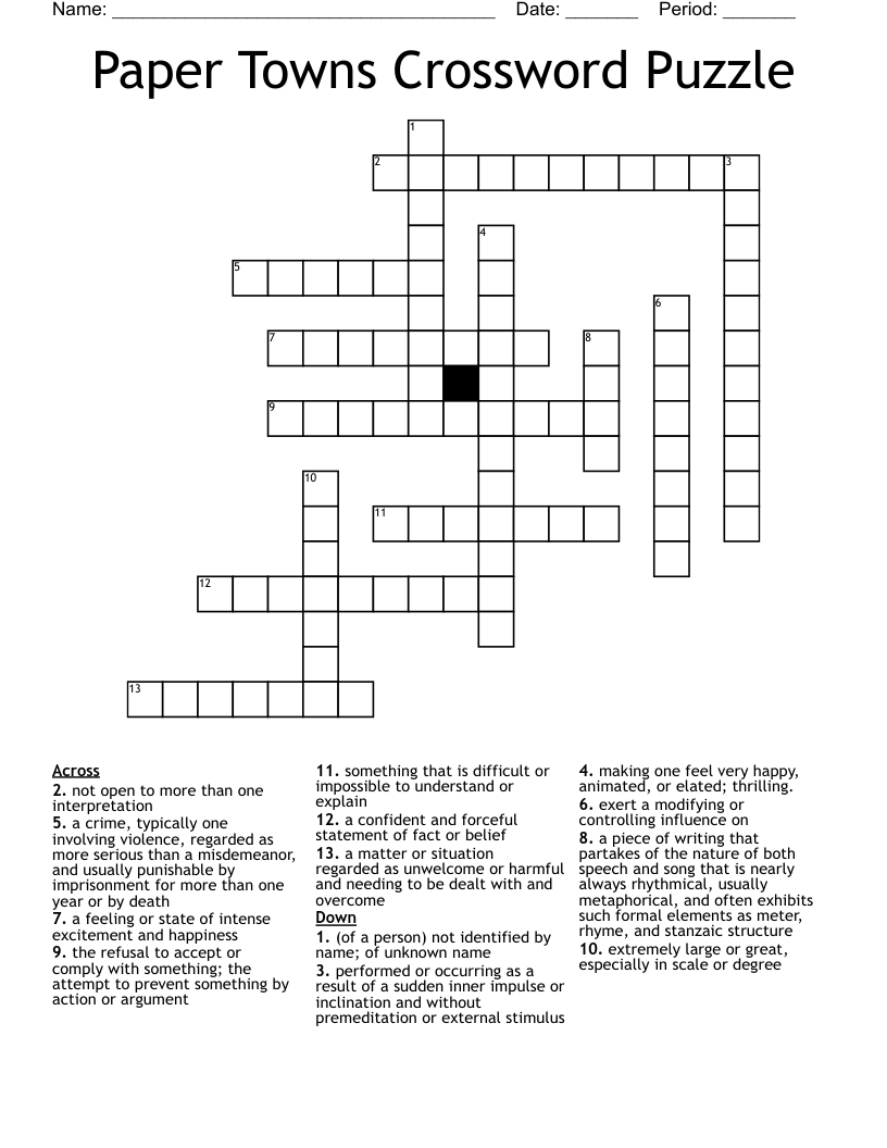 Paper Towns Crossword Puzzle