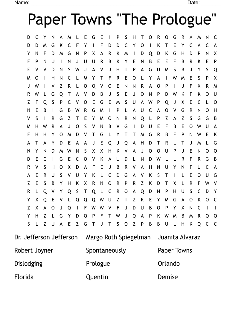 Paper Towns "The Prologue" Word Search