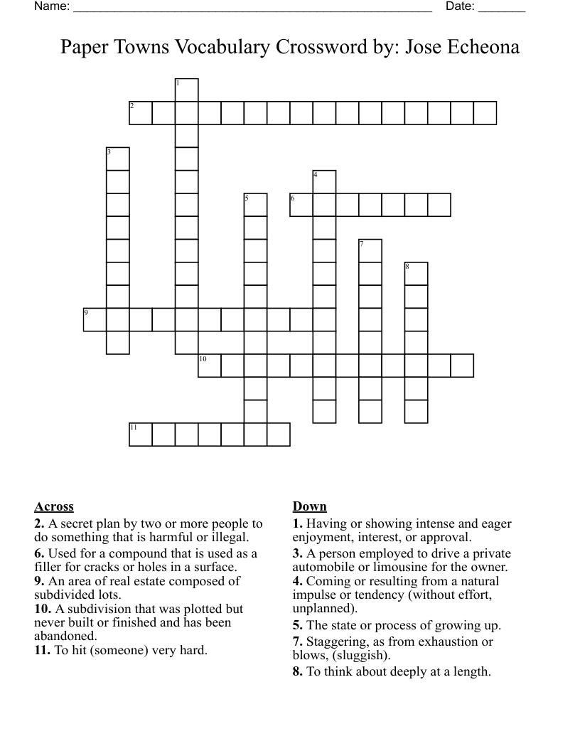 Paper Towns Vocabulary Crossword by: Jose Echeona