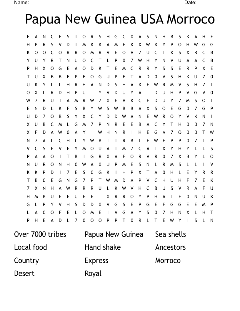 Papua New Guinea USA Morroco Word Search