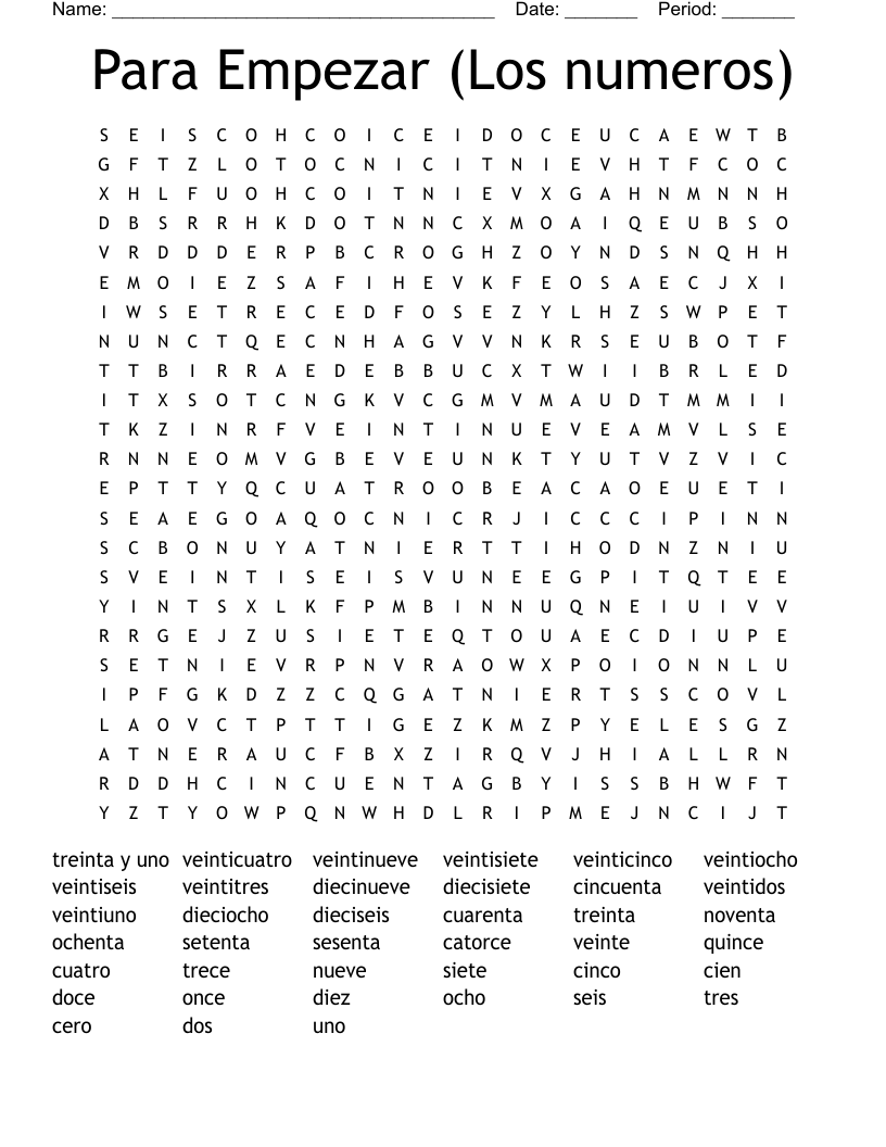 Para Empezar (Los numeros) Word Search
