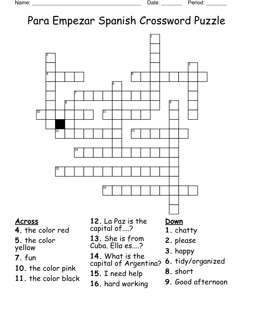 Para Empezar Spanish Crossword Puzzle 