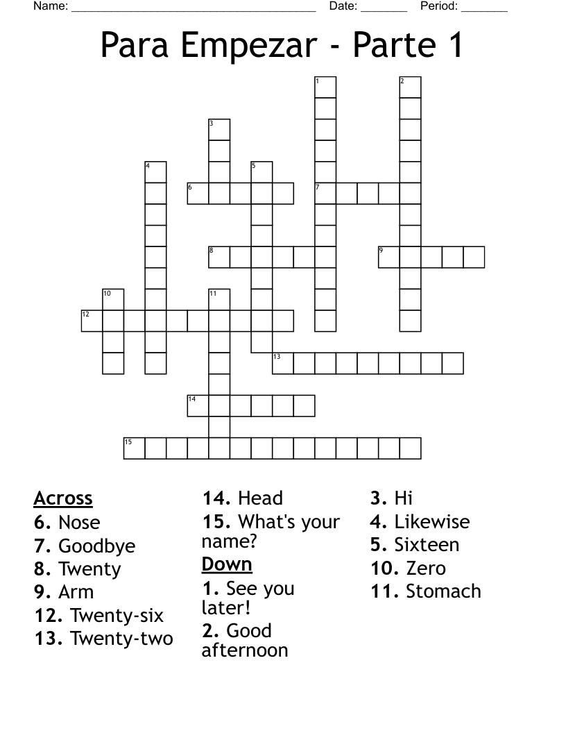 Para Empezar - Parte 1 Crossword