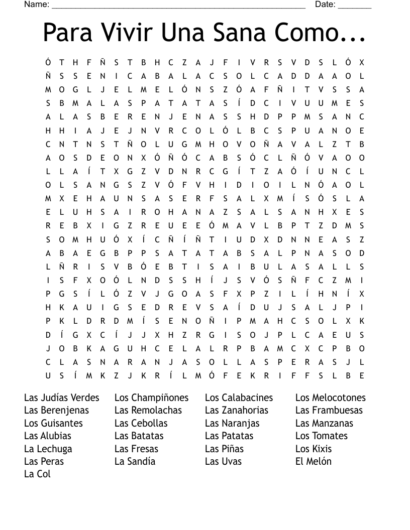 Para Vivir Una Sana Como... Word Search