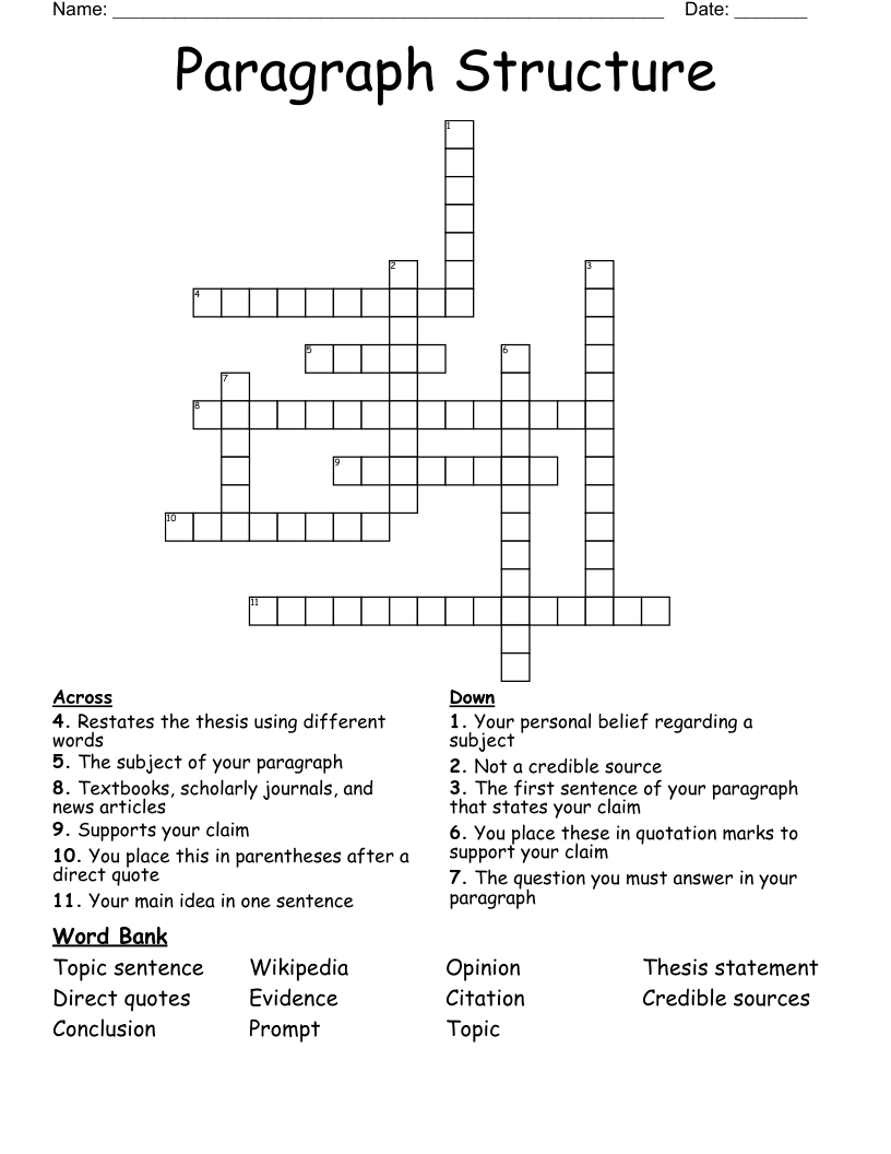 Paragraph Structure Crossword