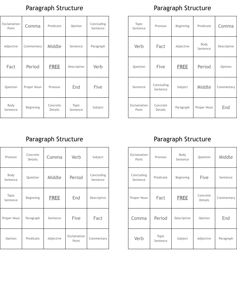 Paragraph Structure Bingo Cards