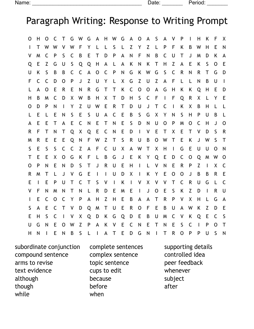 Paragraph Writing: Response to Writing Prompt Word Search