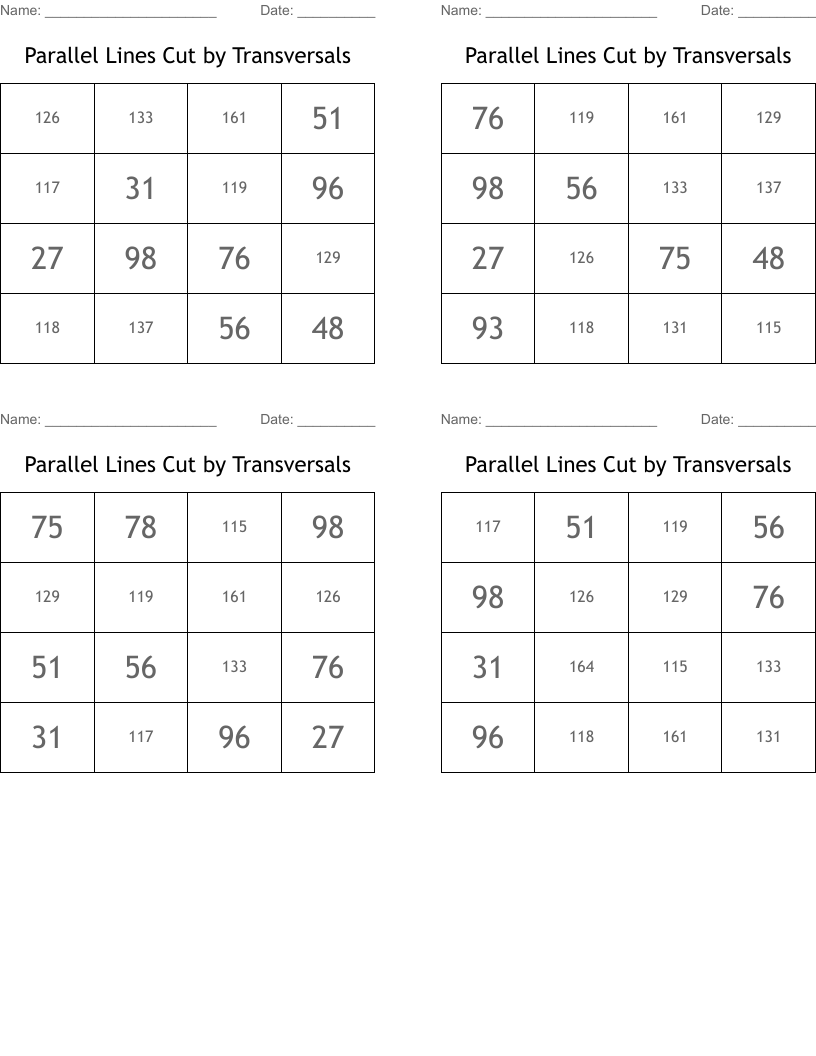 Parallel Lines Cut by Transversals Bingo Cards