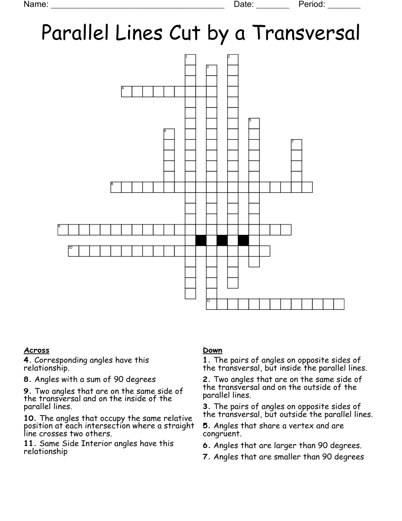 Parallel Lines Cut by a Transversal Crossword