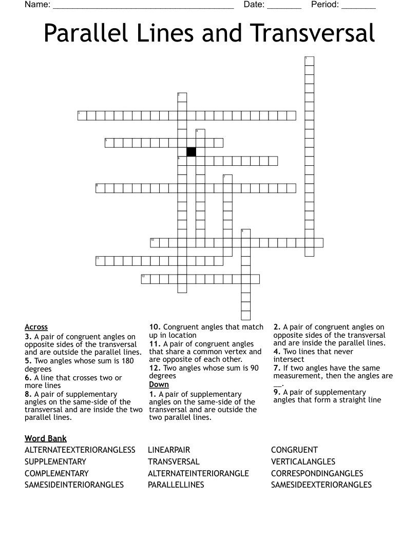 Parallel Lines and Transversal Crossword