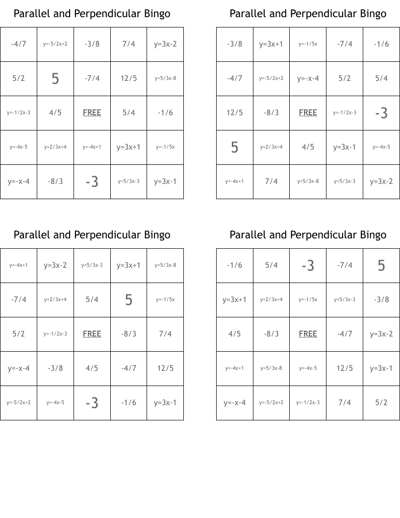Parallel and Perpendicular Bingo