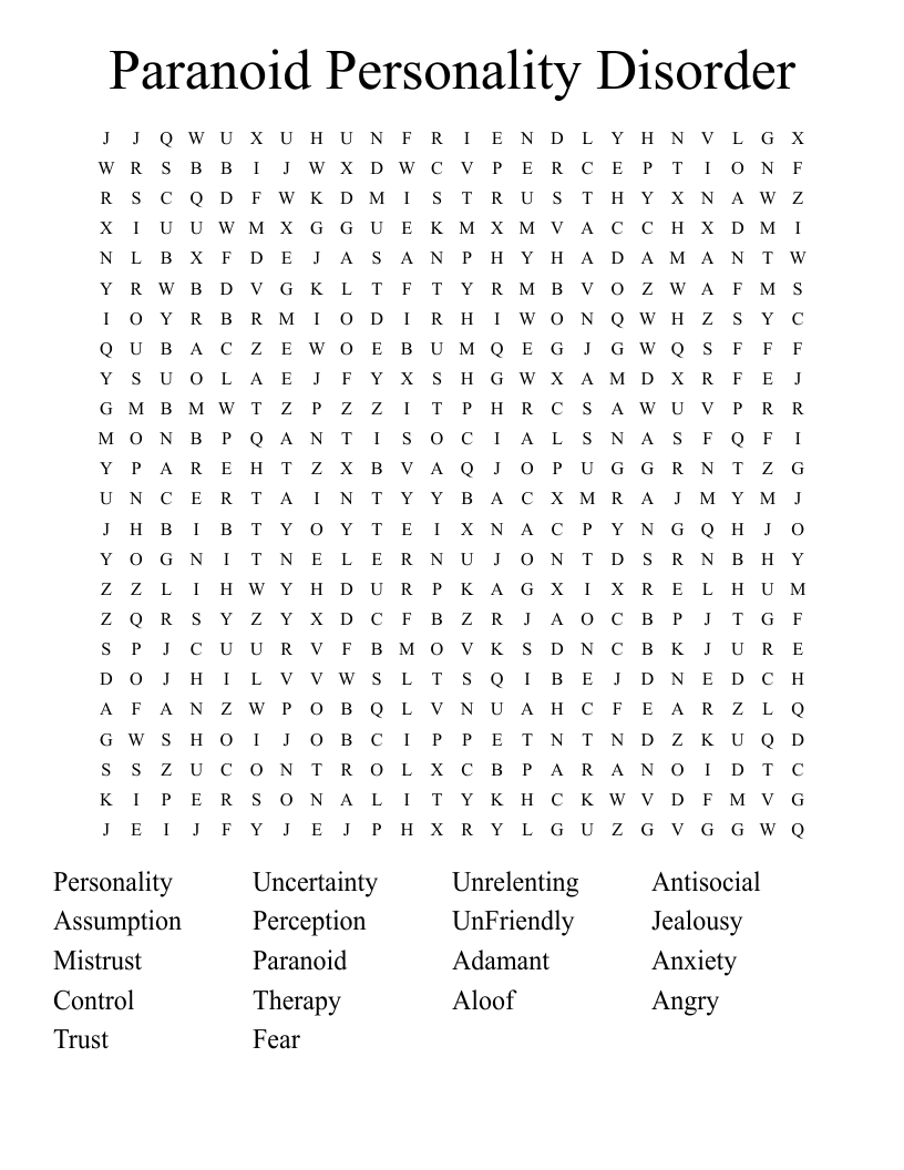 Paranoid Personality Disorder Word Search