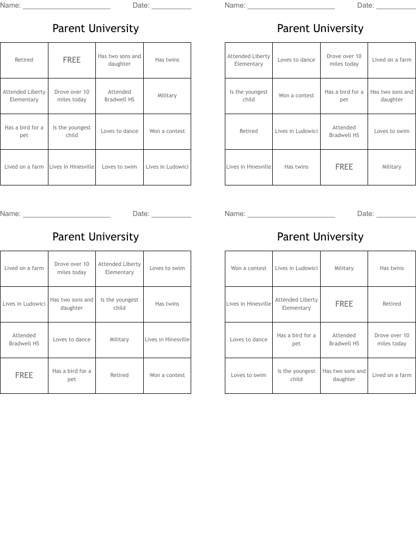 Parent University  Bingo Cards