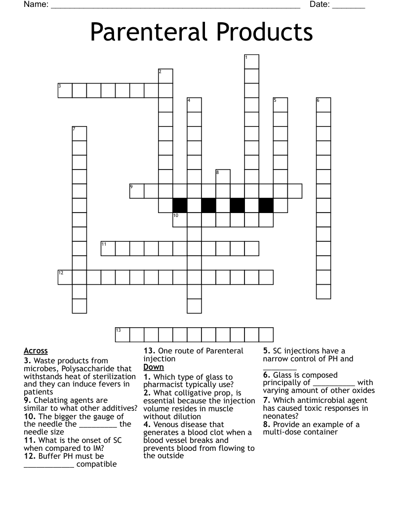 Parenteral Products Crossword