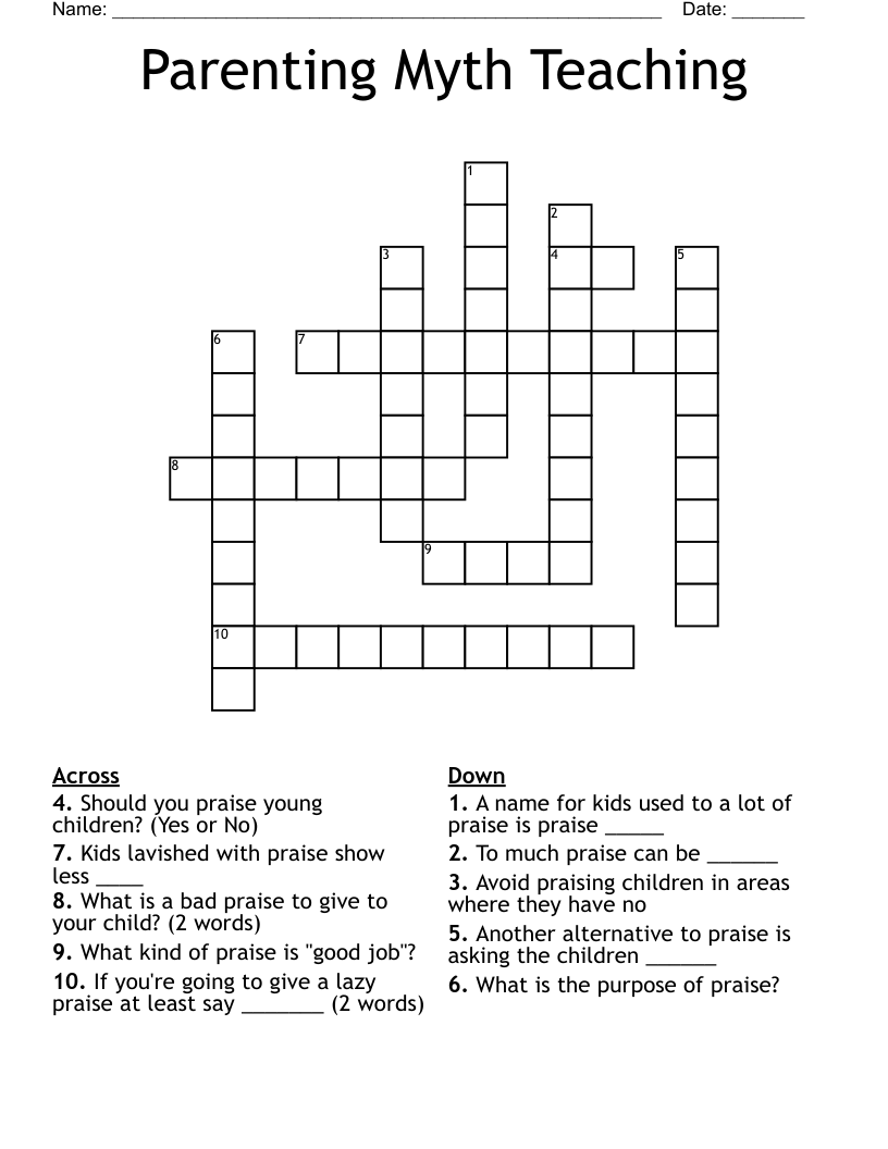 Parenting Myth Teaching Crossword