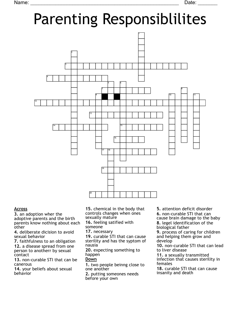 Parenting Responsiblilites Crossword