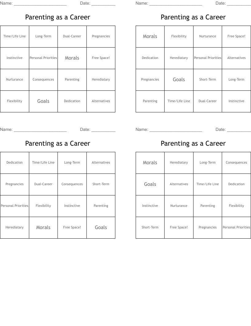 Parenting as a Career Bingo Cards