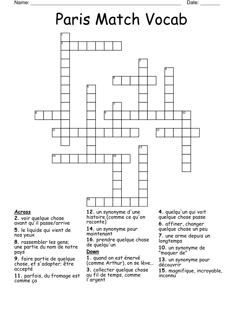 Paris Match Vocab Crossword