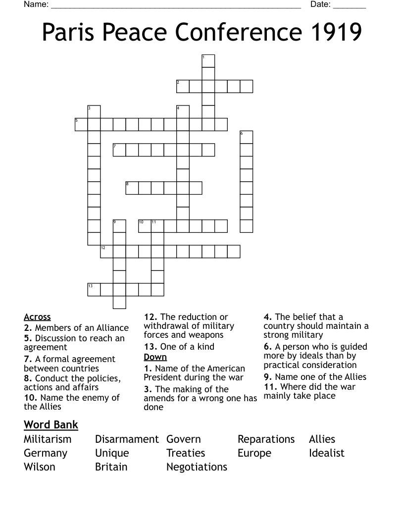Paris Peace Conference 1919 Crossword