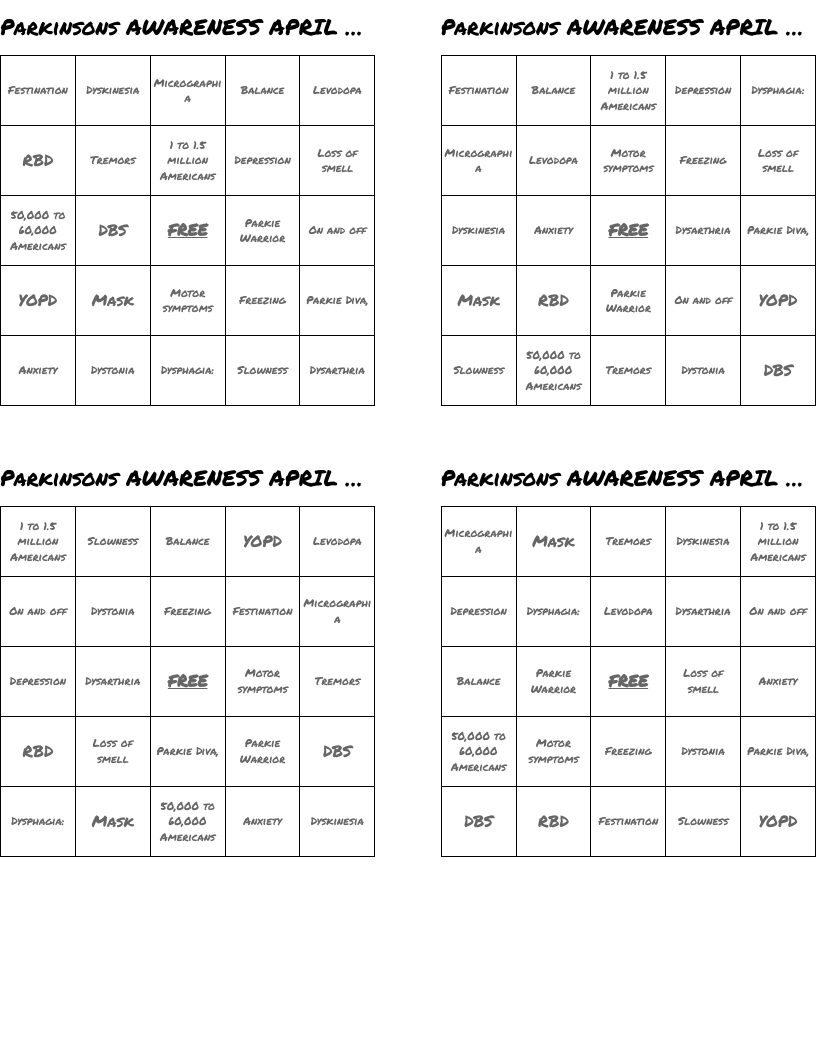 Parkinsons AWARENESS APRIL 2021 Bingo Cards