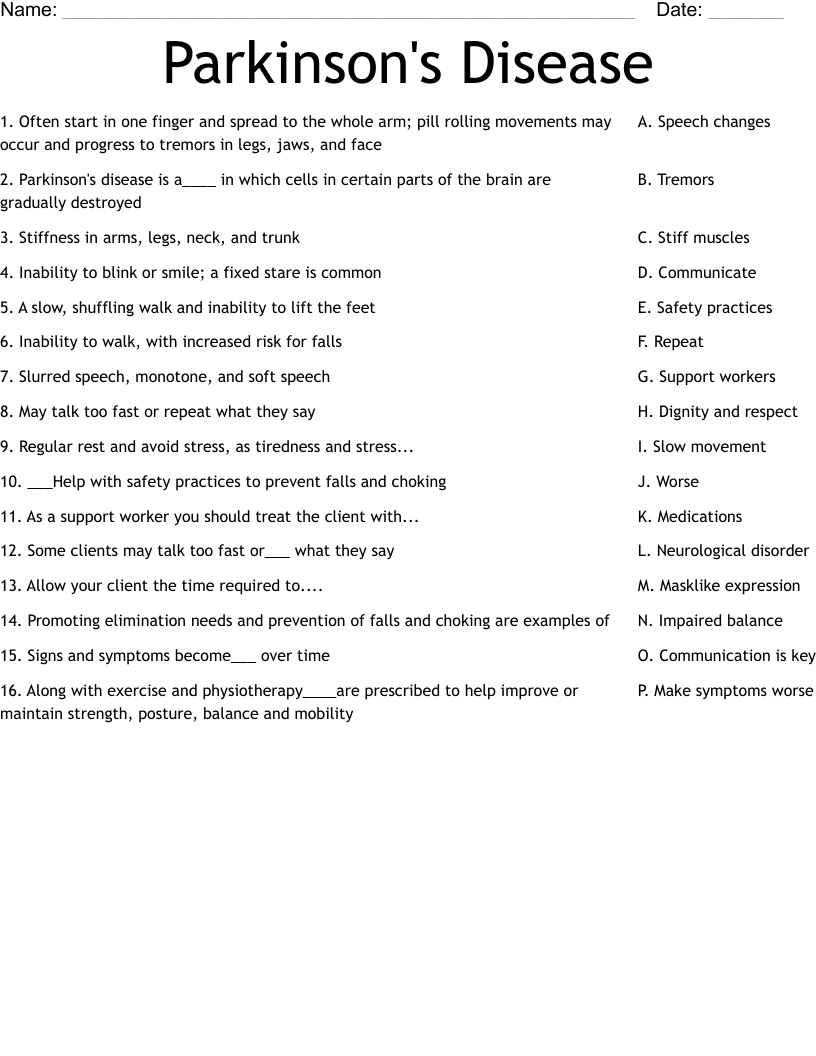Parkinson's Disease Worksheet