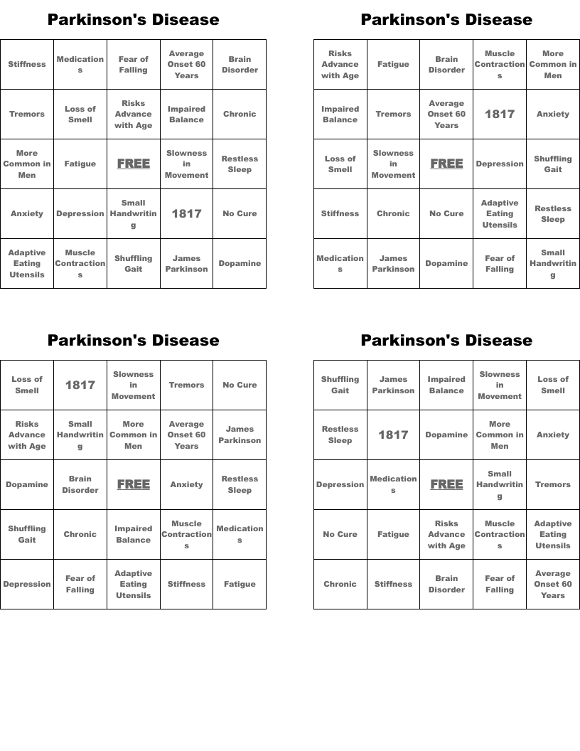 Parkinson's Disease Bingo Cards