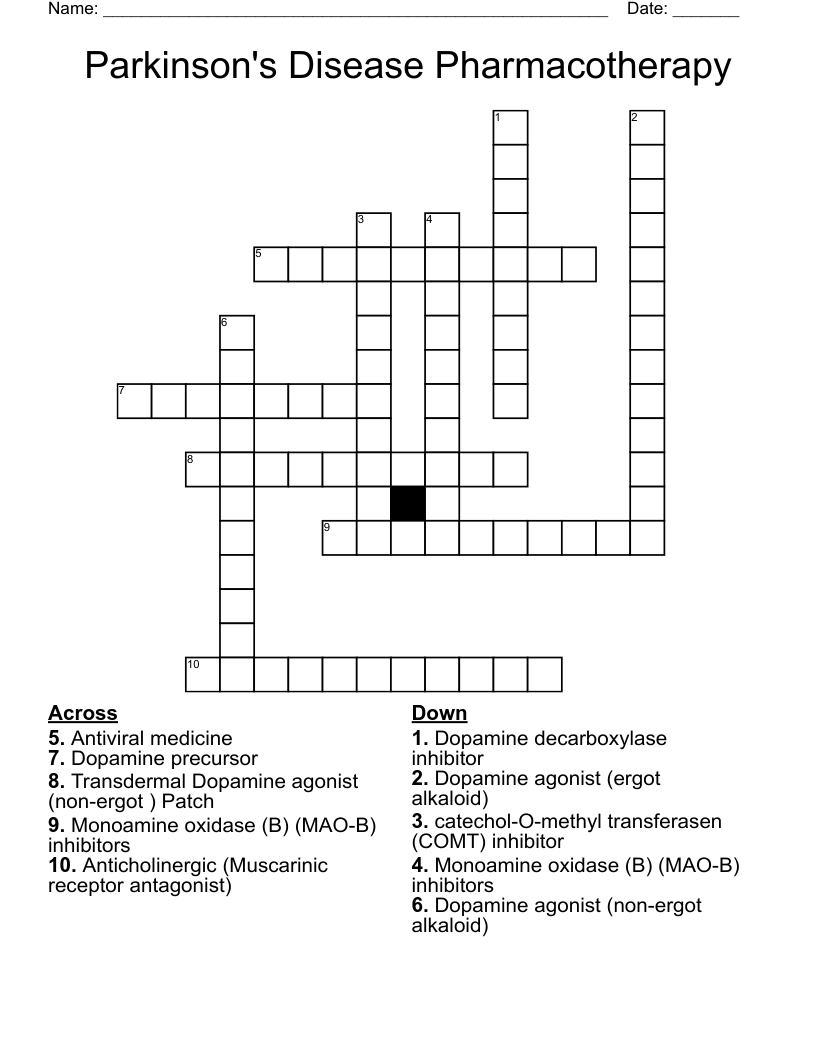 Parkinson's Disease Pharmacotherapy Crossword