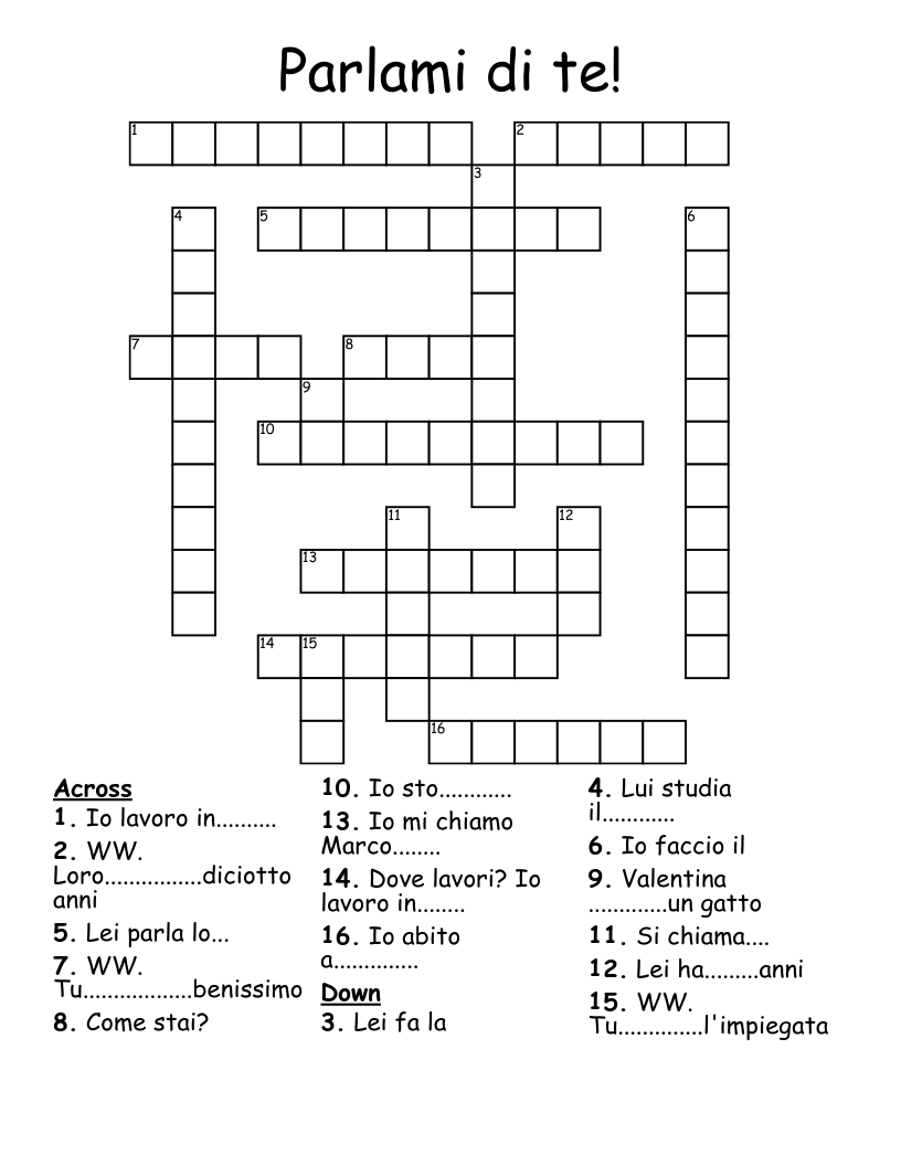 Parlami di te! Crossword