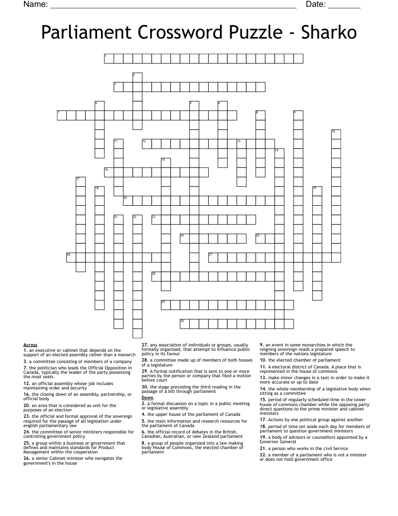 Parliament Crossword Puzzle - Sharko