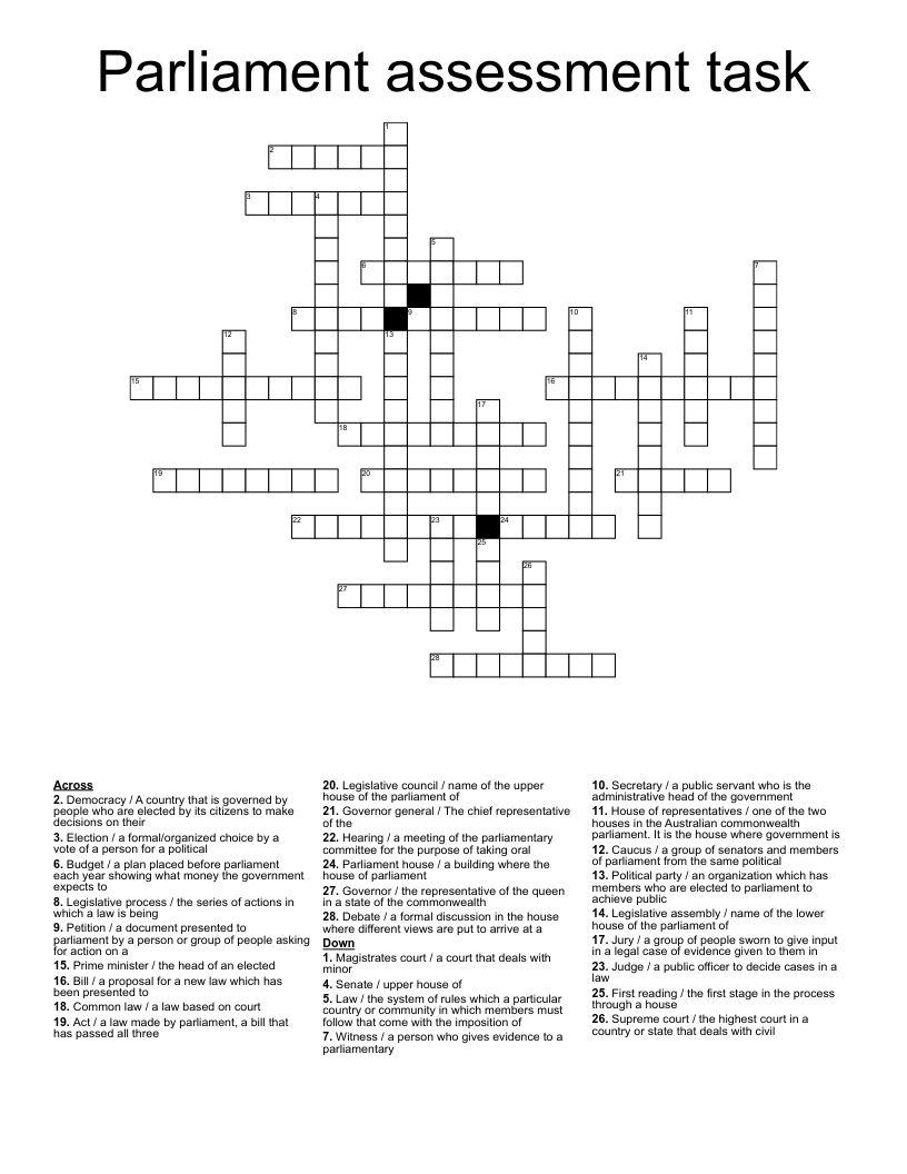 Parliament assessment task Crossword