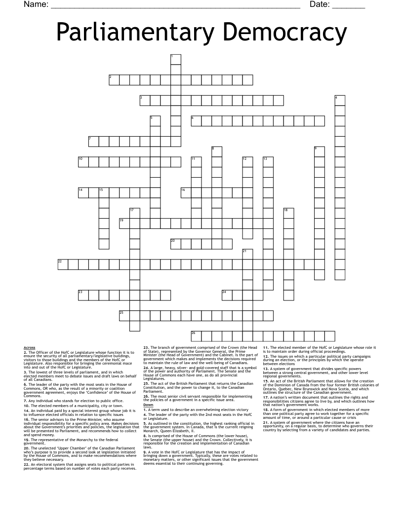 Parliamentary Democracy Crossword