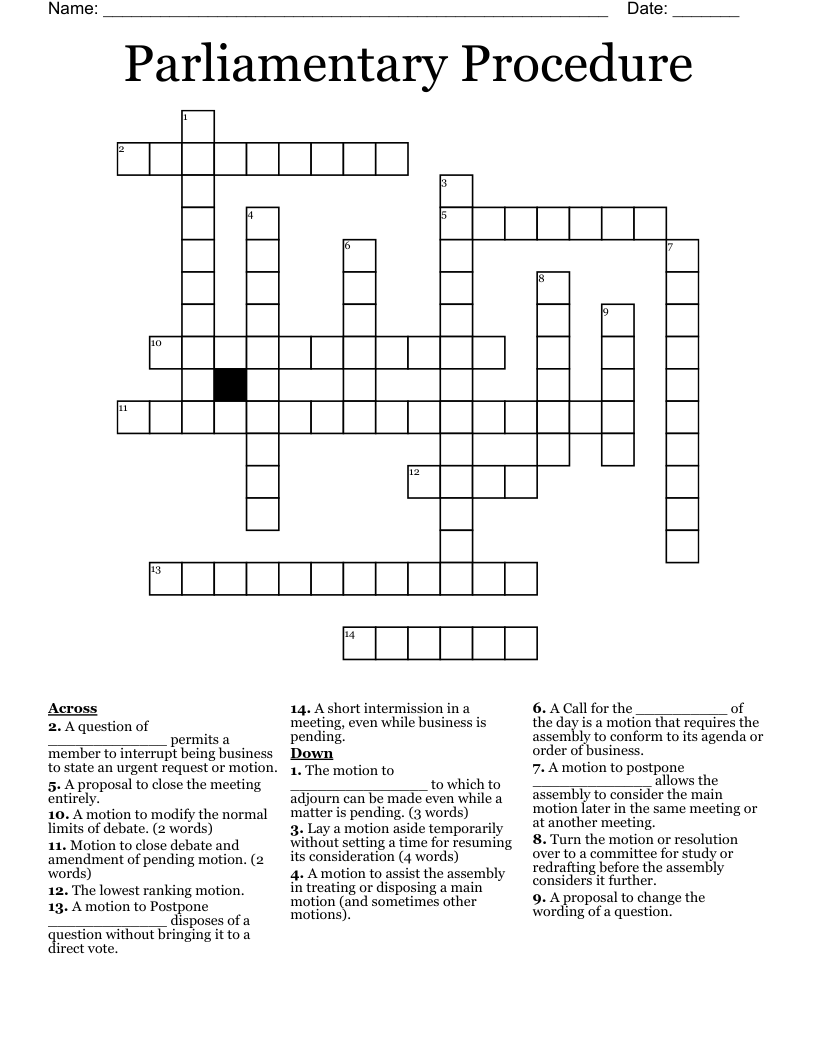 Parliamentary Procedure Crossword