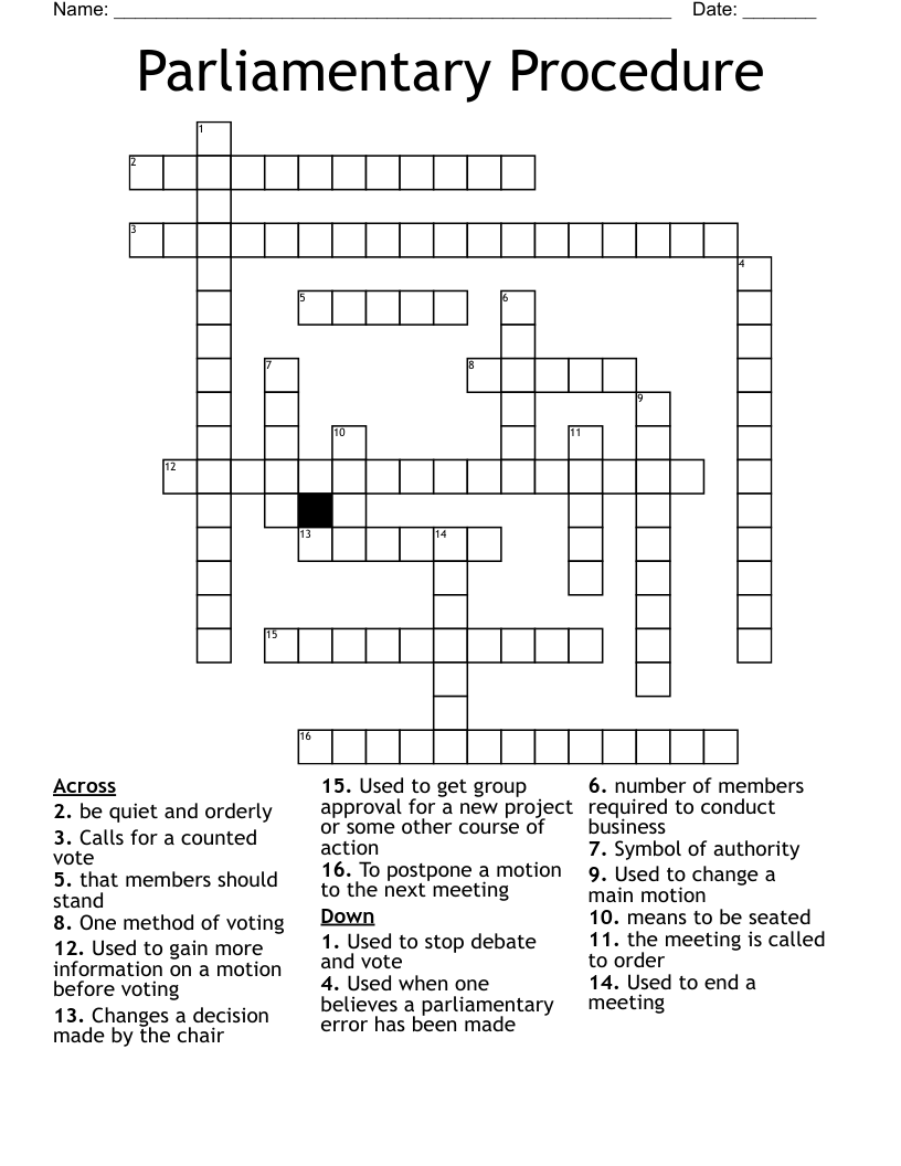 Parliamentary Procedure Crossword