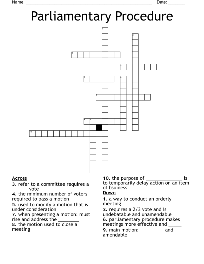 Parliamentary Procedure Crossword