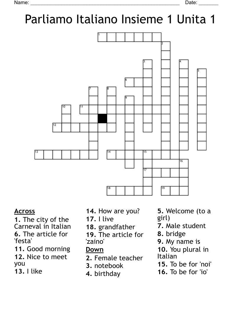 Parliamo Italiano Insieme 1 Unita 1 Crossword