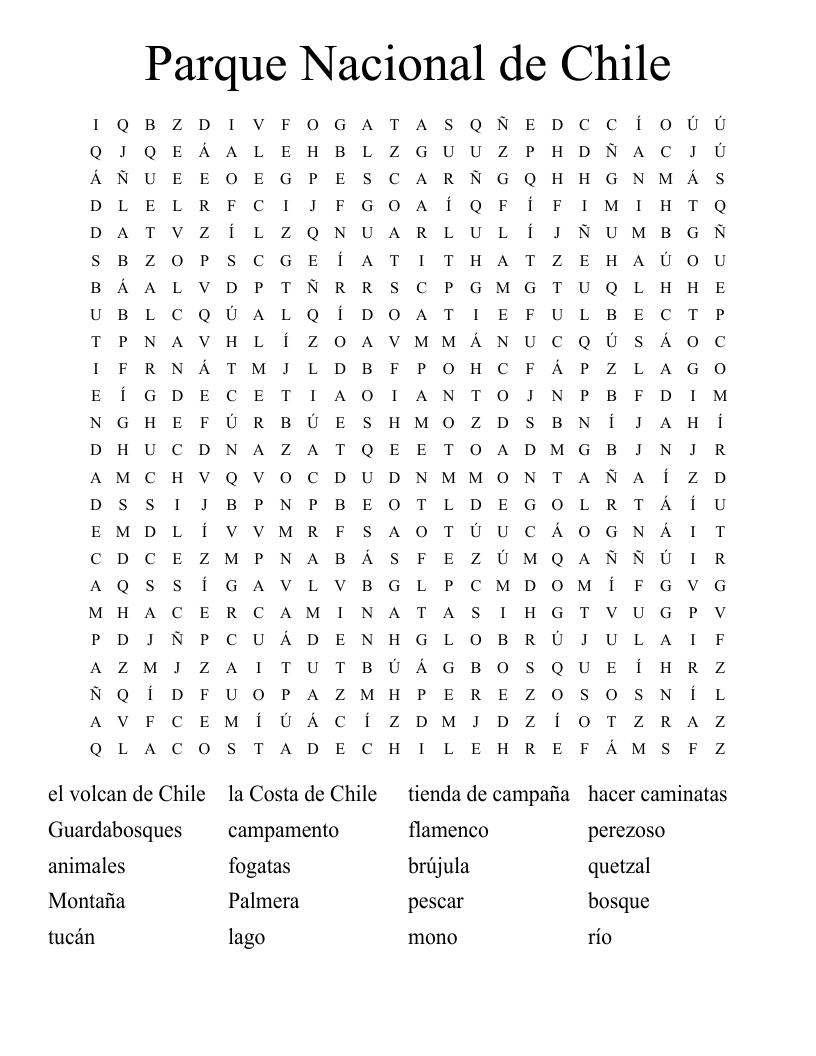 Parque Nacional de Chile Word Search