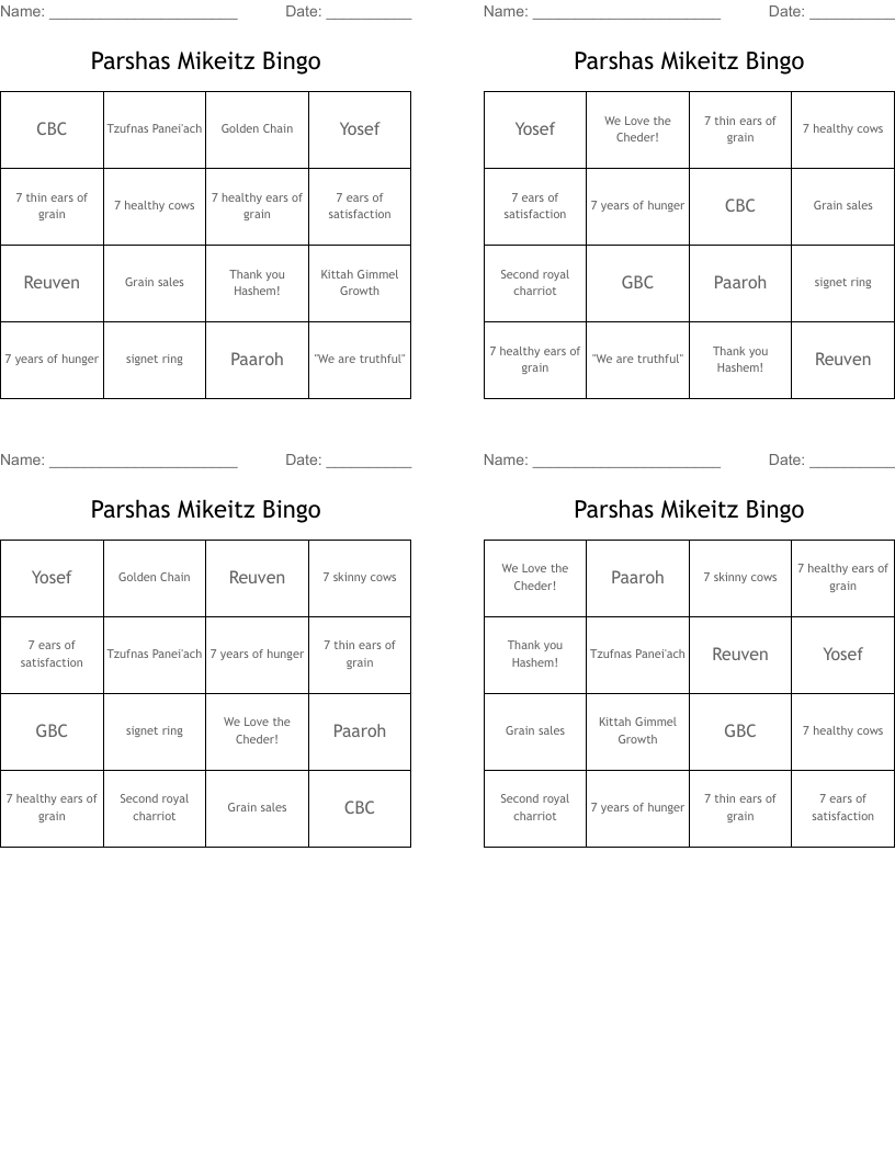 Parshas Mikeitz Bingo