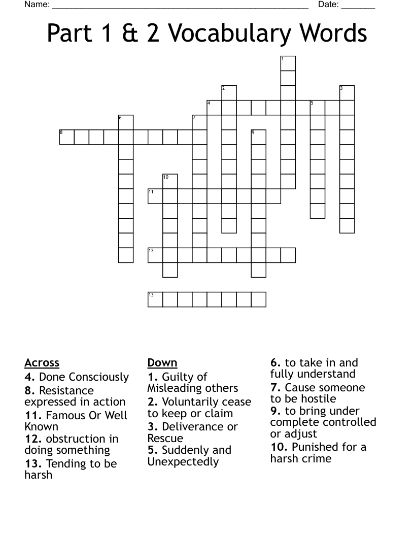 Part 1 & 2 Vocabulary Words  Crossword